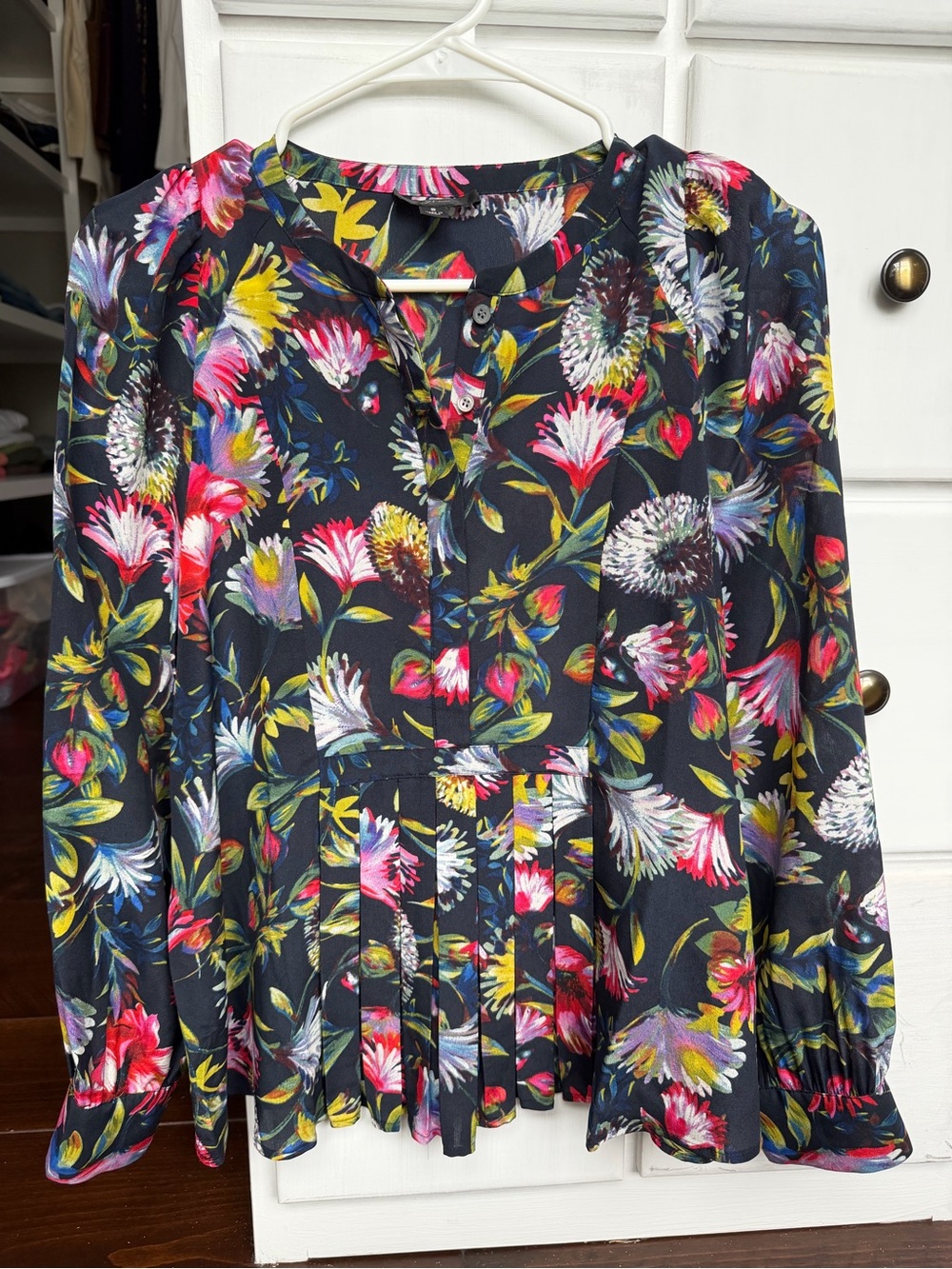 J. Crew Floral Pleated Long-Sleeve Blouse
